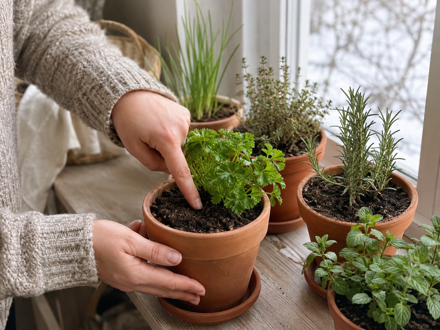 Gardener checking potting mix moisture before watering indoor herbs during the slower winter growing season.