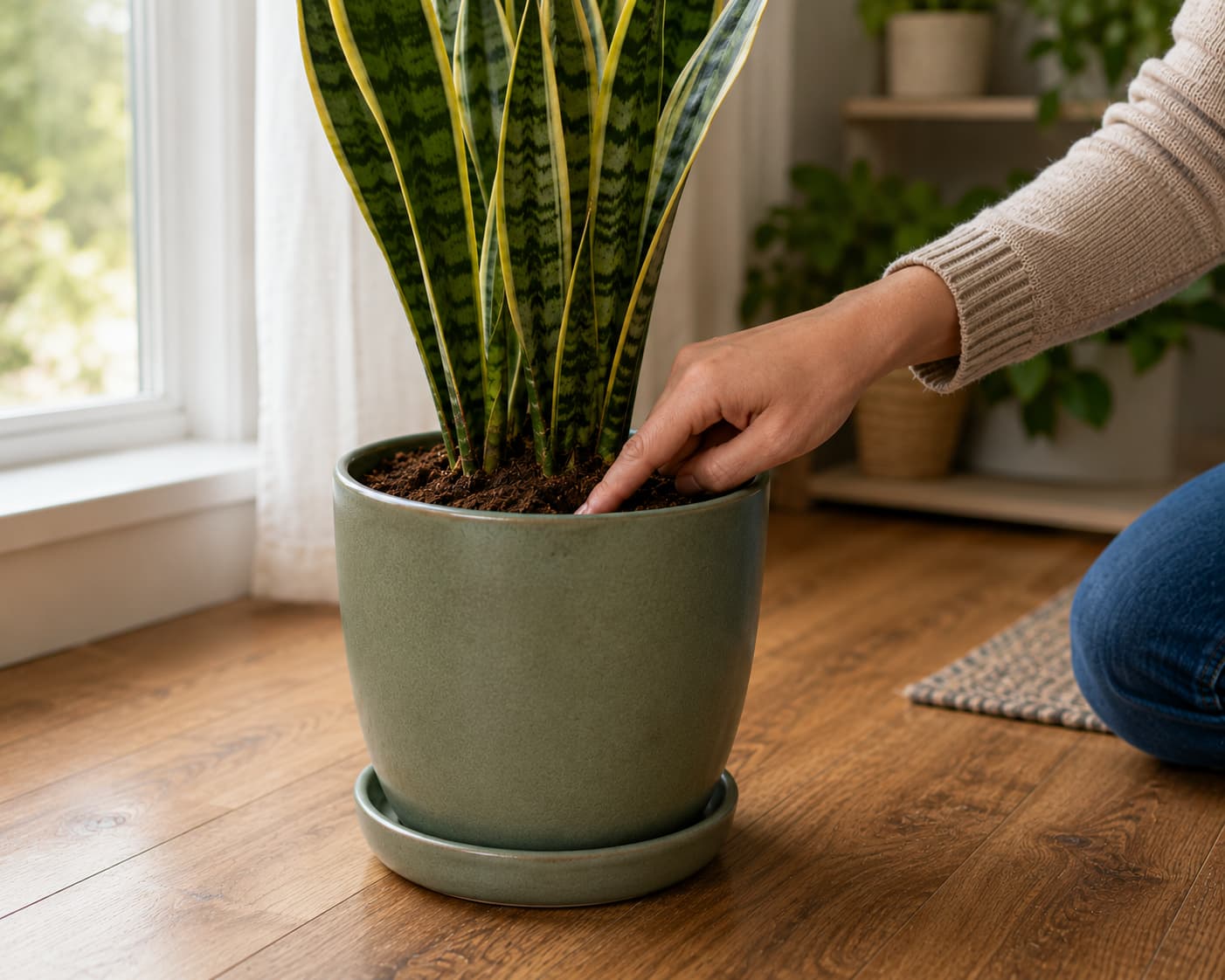 Gardener checking potting mix moisture with a finger beside an empty saucer before watering a plant that has moved indoors.