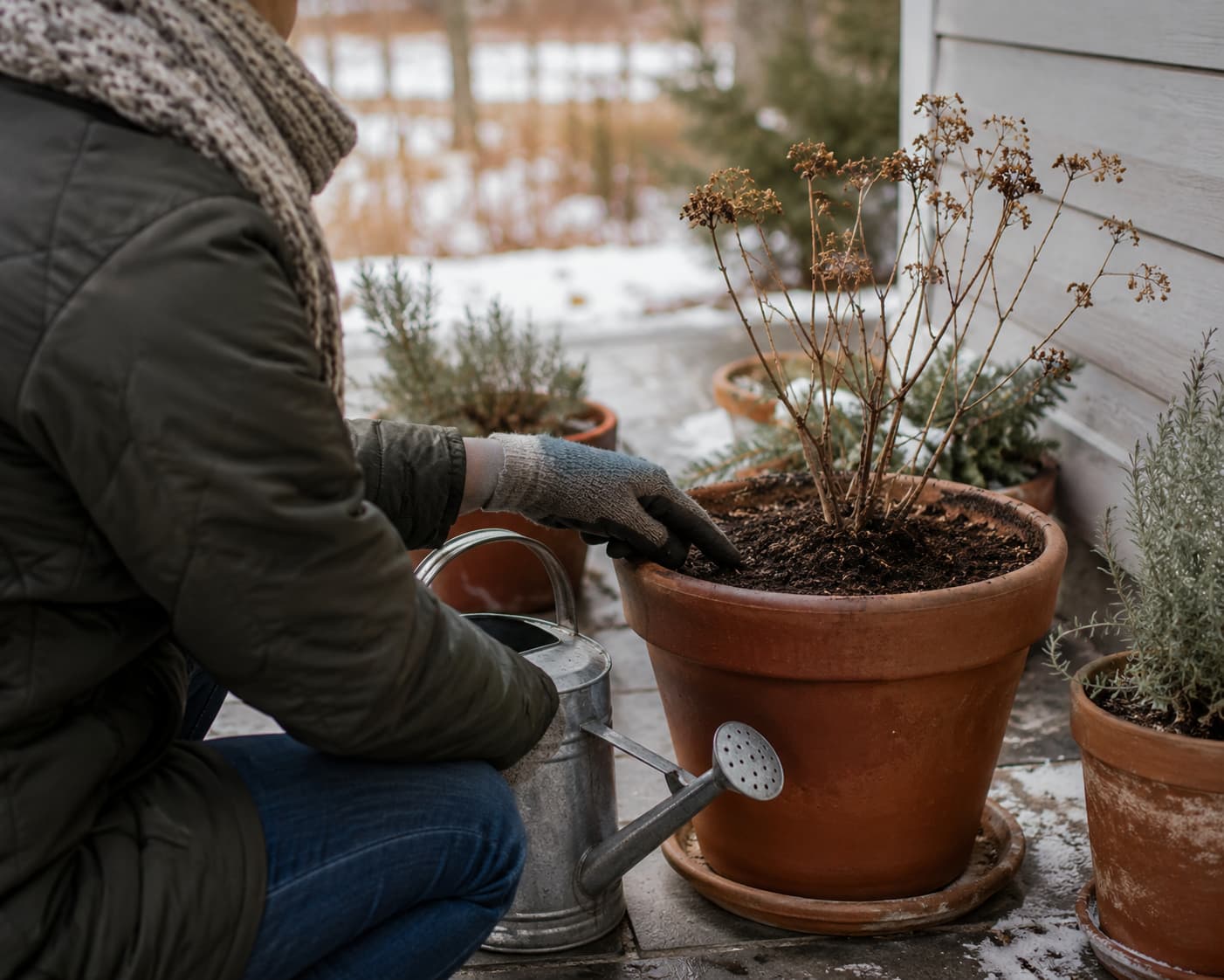 Gardener checking thawed potting mix moisture before lightly watering an outdoor container on a mild winter day.