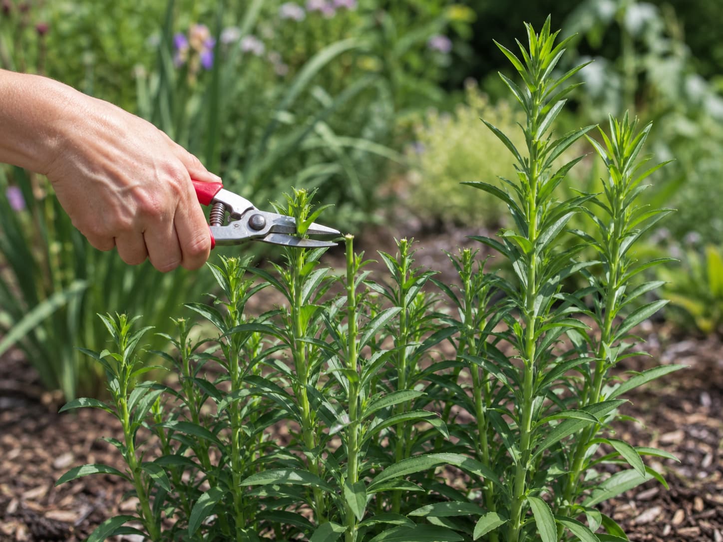 Gardener trimming the upper third of young aster stems in late spring to encourage bushier growth.