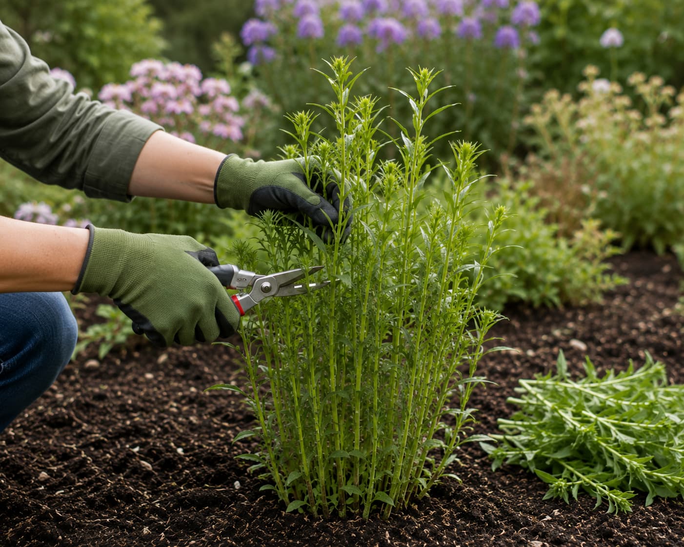 Gardener cutting back the upper third of young New England aster stems in late spring to encourage bushier growth.