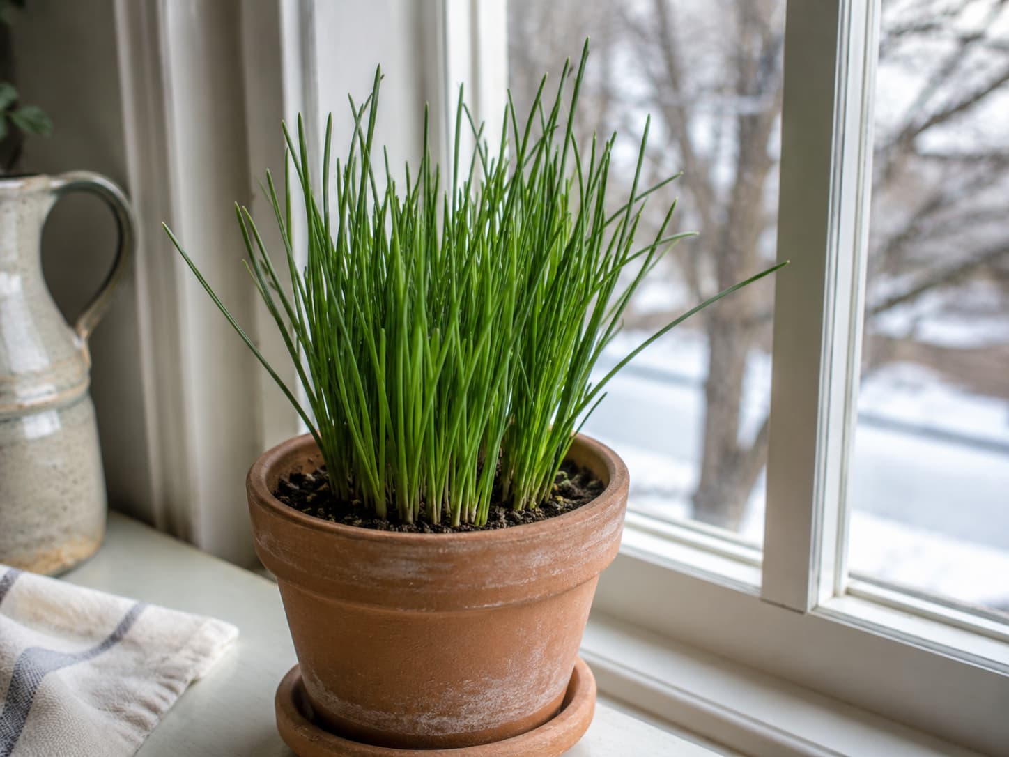Chives producing fresh green shoots in a small indoor pot beside a bright winter window.