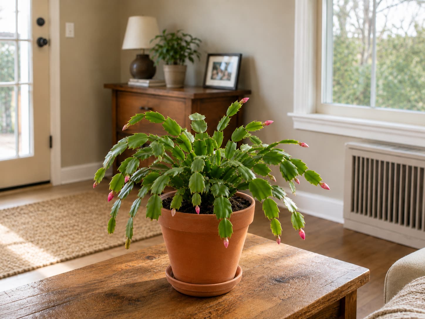 Budded Christmas cactus positioned away from an exterior door, cold window glass, and direct heating airflow.