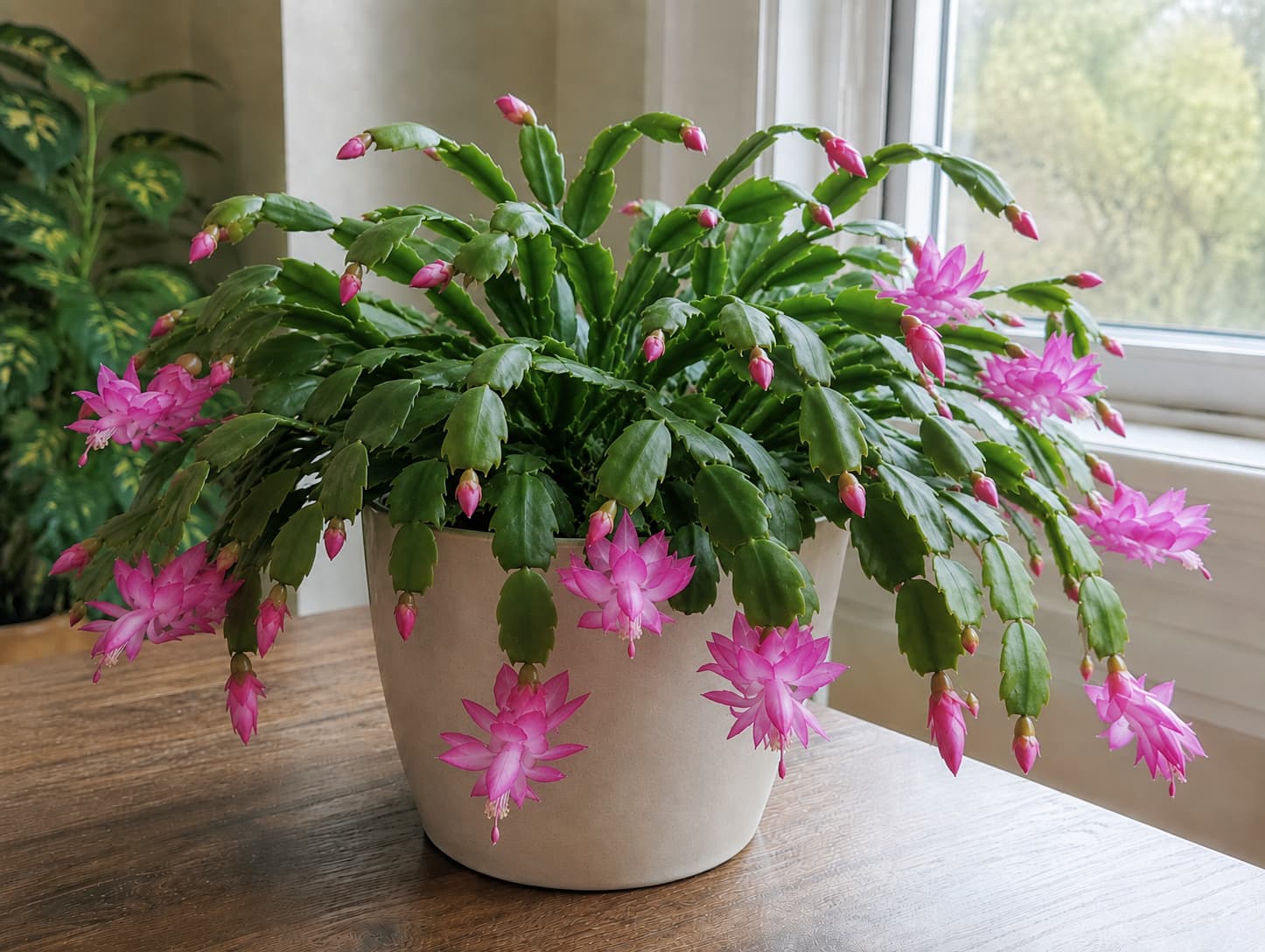 Healthy Christmas cactus with flat segmented stems growing near a bright window without harsh direct sun.