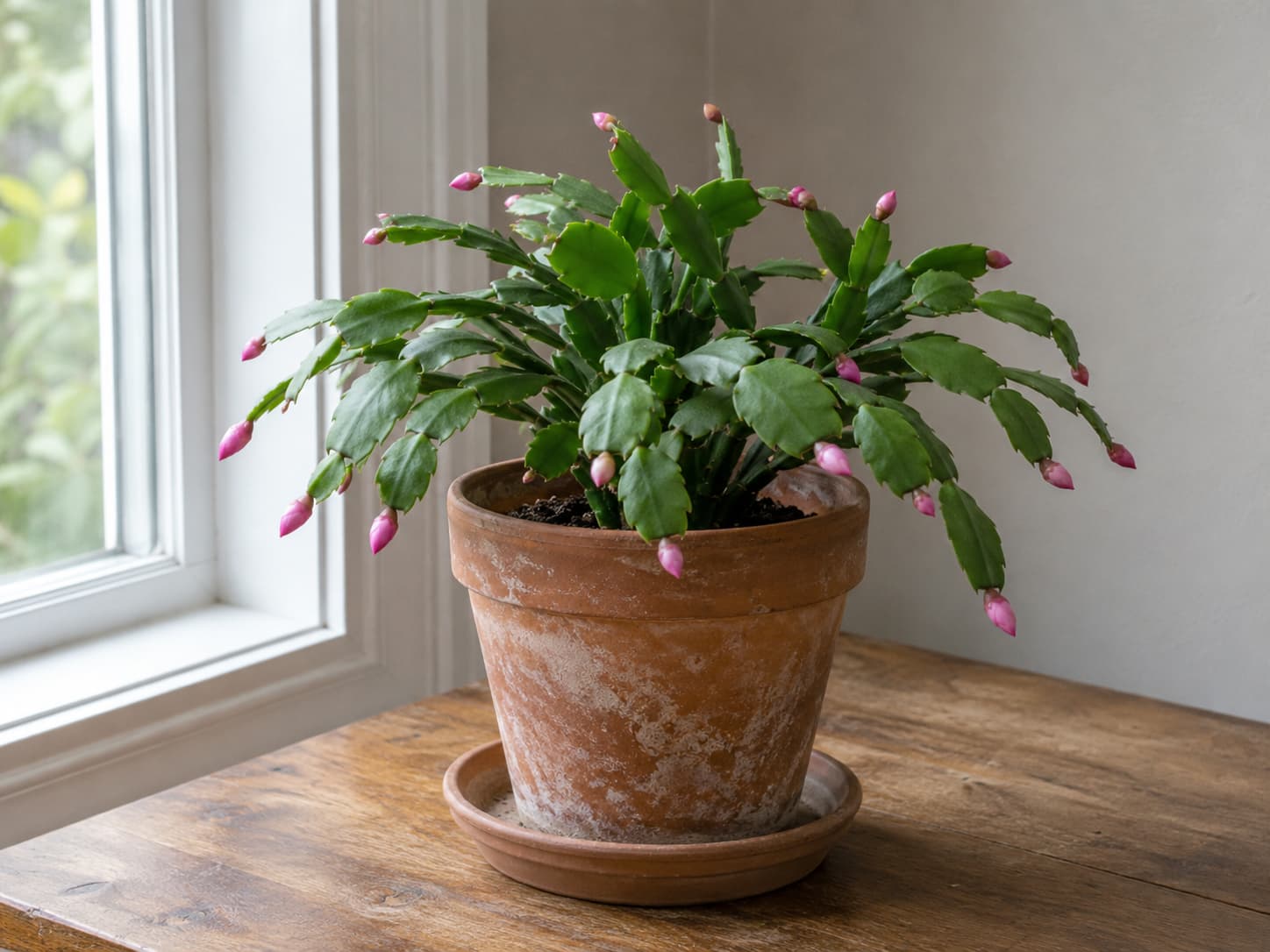 Budded Christmas cactus kept in a stable bright indoor location without being rotated or moved.