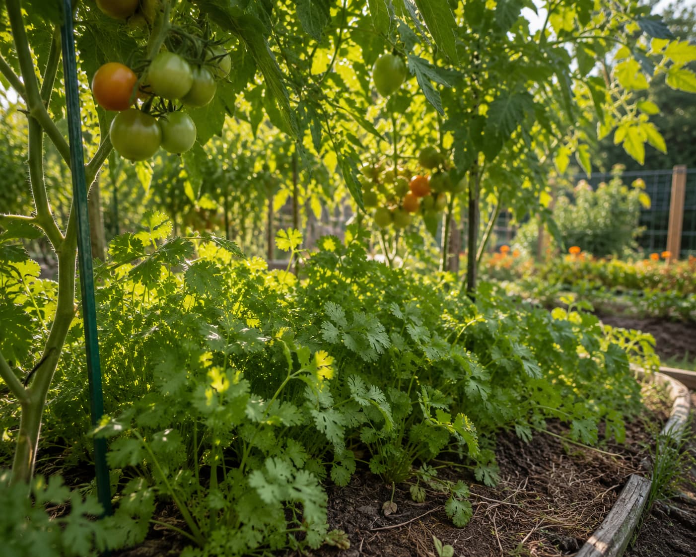 Cilantro growing beneath a taller tomato canopy with morning light and protective afternoon shade in a summer garden.