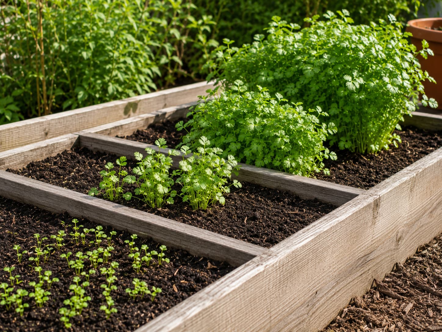 Several cilantro plantings at different growth stages showing a staggered succession-sowing system for continuous summer harvests.