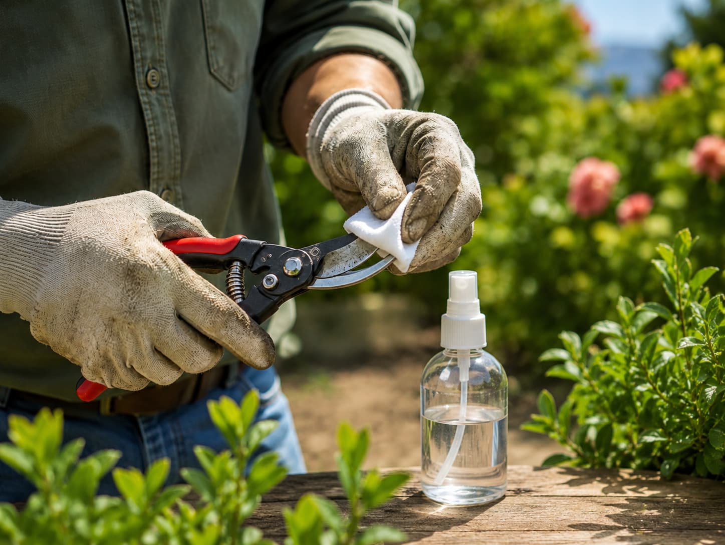 Gardener cleaning pruning shear blades with 70 percent isopropyl alcohol between plants.