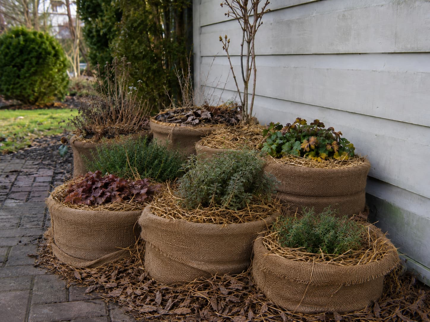 Hardy potted plants clustered beside a sheltered wall with insulating material around and between the containers.