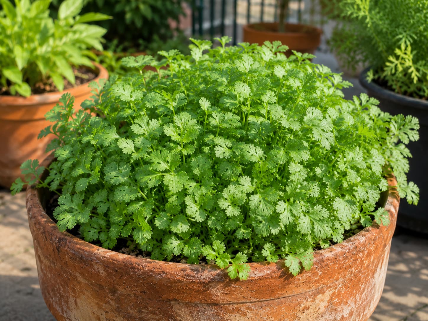 Healthy compact slow-bolt cilantro growing in a summer container before flowering begins.
