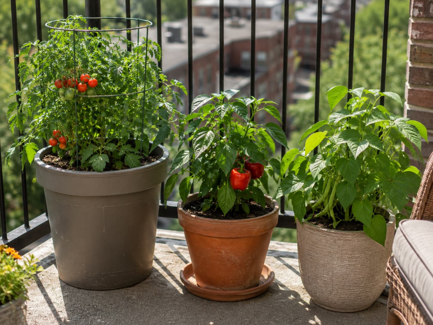 Compact cherry tomato, pepper, and bush bean plants growing in appropriately sized balcony containers.