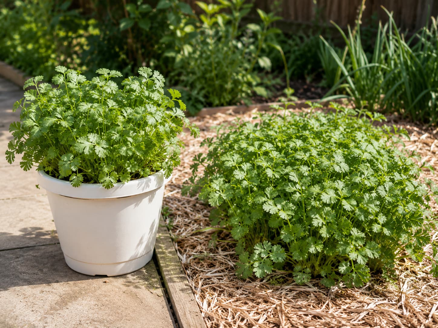 Summer cilantro growing in a movable light-colored container beside a mulched in-ground patch for a container versus garden-bed comparison.