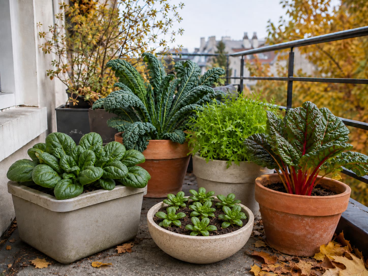 Spinach, kale, arugula, Swiss chard, and mâche growing in balcony containers during cool fall weather.