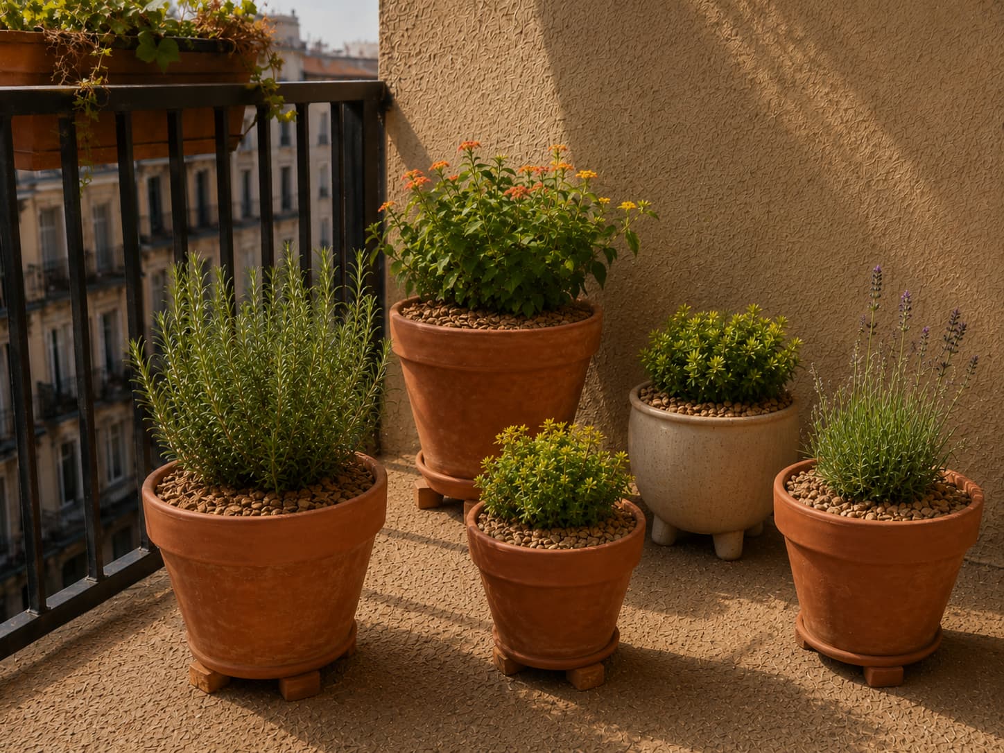 Terracotta and light-colored balcony containers raised on pot feet with surface mulch to reduce summer root-zone heat.