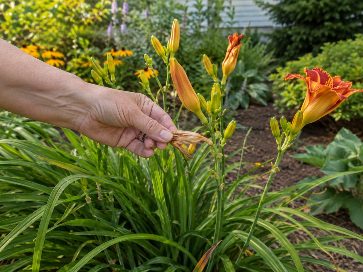 Gardener removing a spent daylily flower by hand while unopened buds remain on the flower scape.