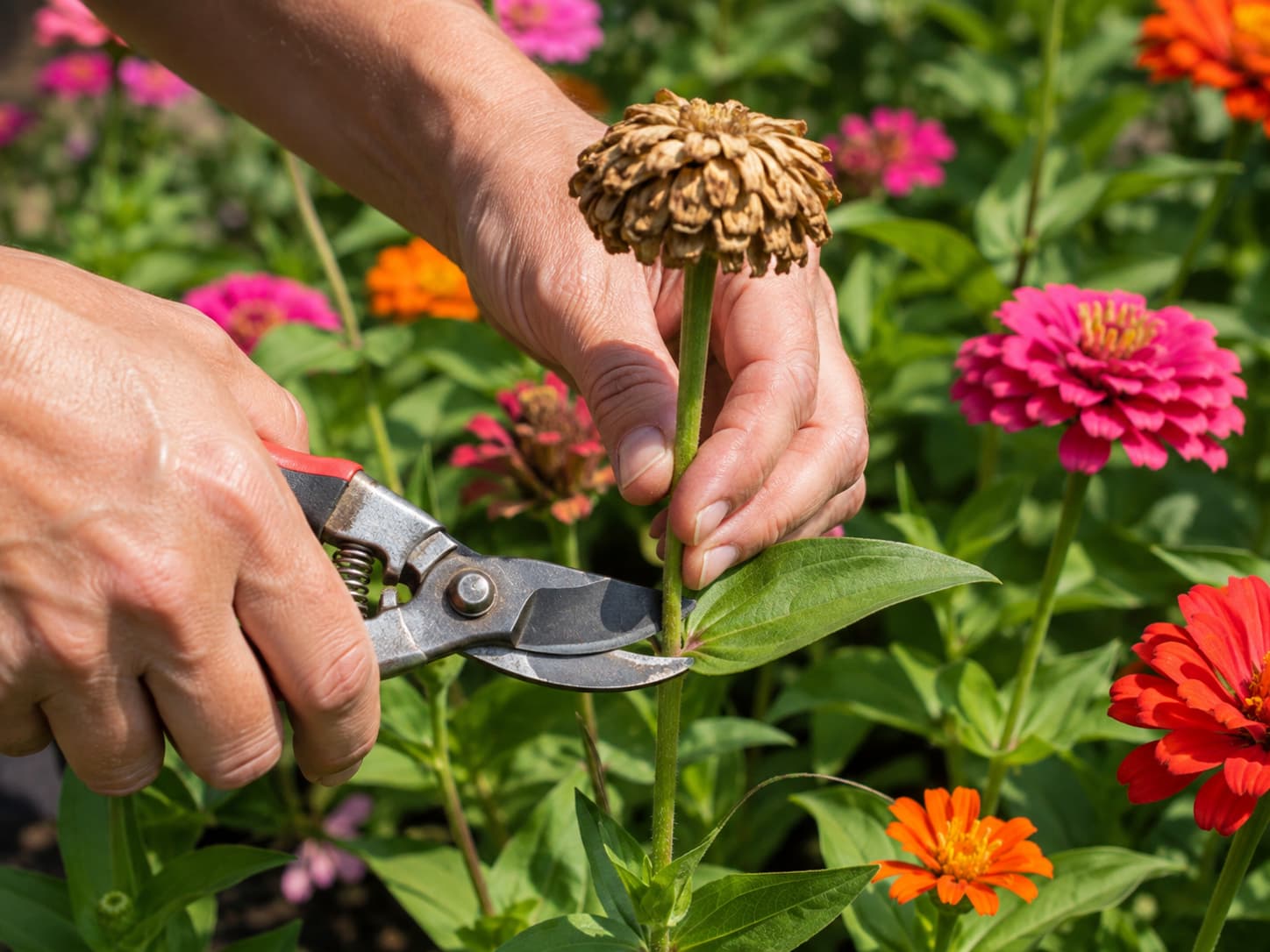 Gardener cutting a spent zinnia flower just above a healthy leaf node with hand pruners to encourage new blooms.