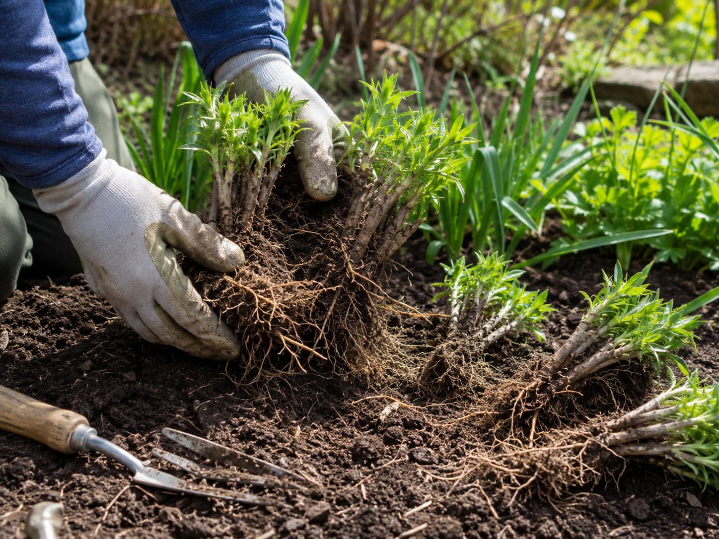 Gardener dividing a mature New England aster clump into healthy rooted sections for replanting in spring.