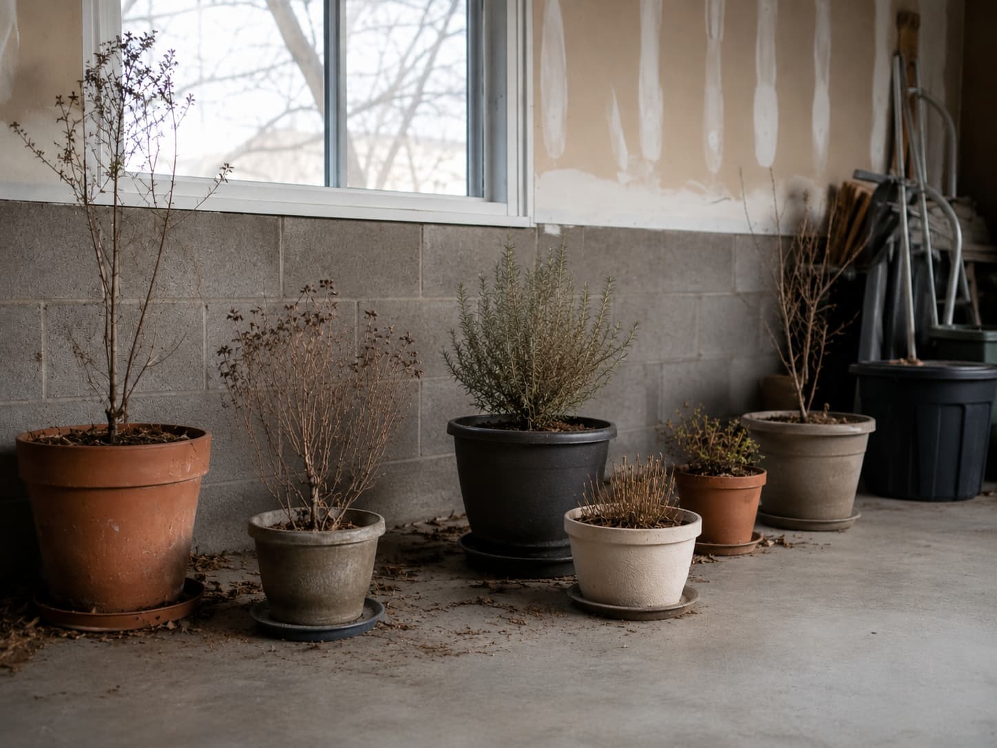 Dormant potted plants overwintering in an unheated garage near a window with containers protected from outdoor wind.