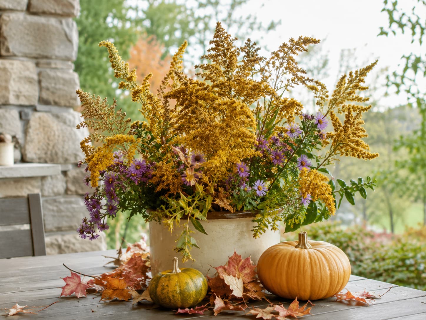 Dried goldenrod stems arranged with asters, autumn leaves, and small pumpkins in a natural fall centerpiece.
