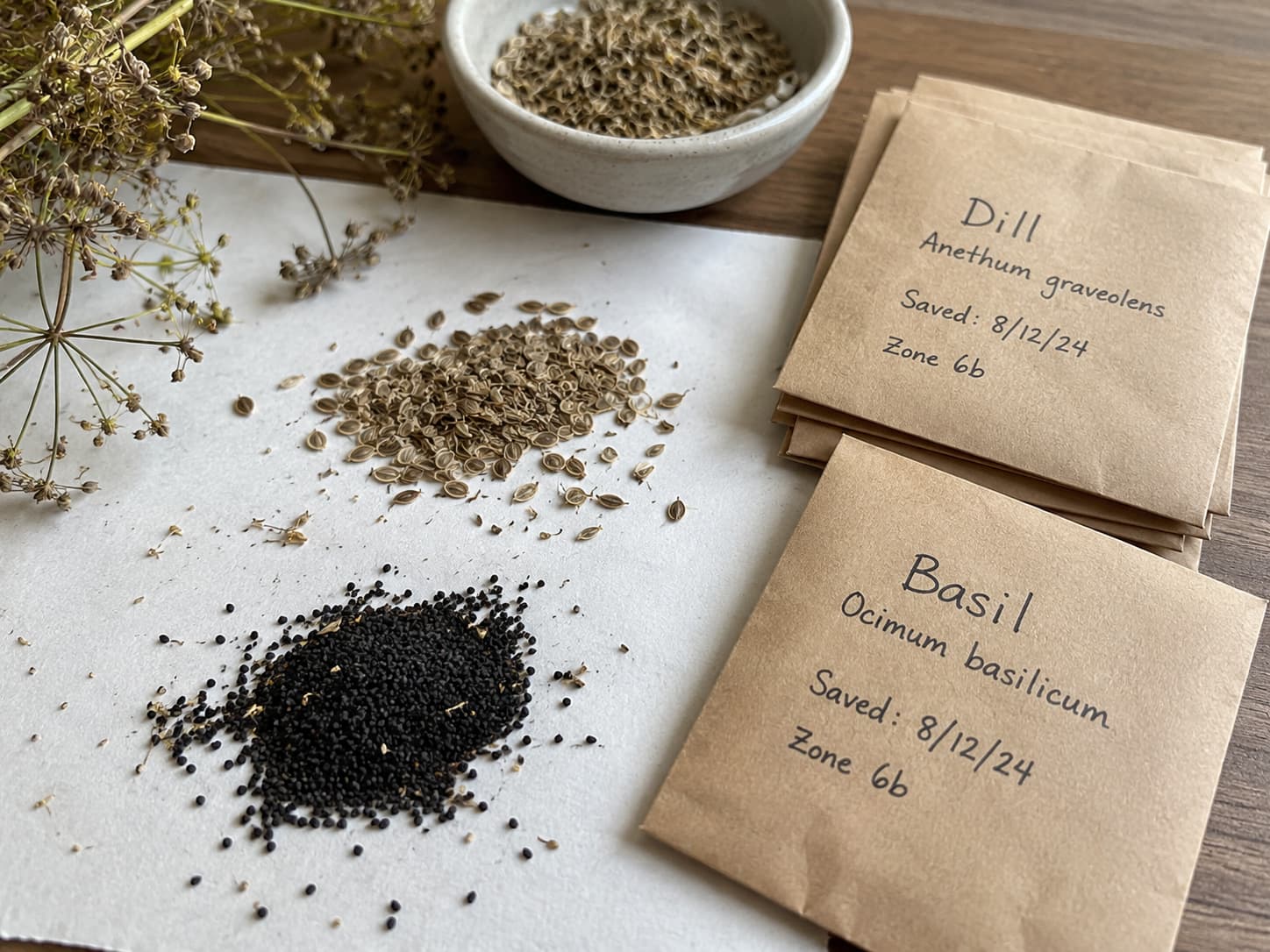 Basil and dill seeds drying on paper beside labeled paper envelopes for cool dry storage.