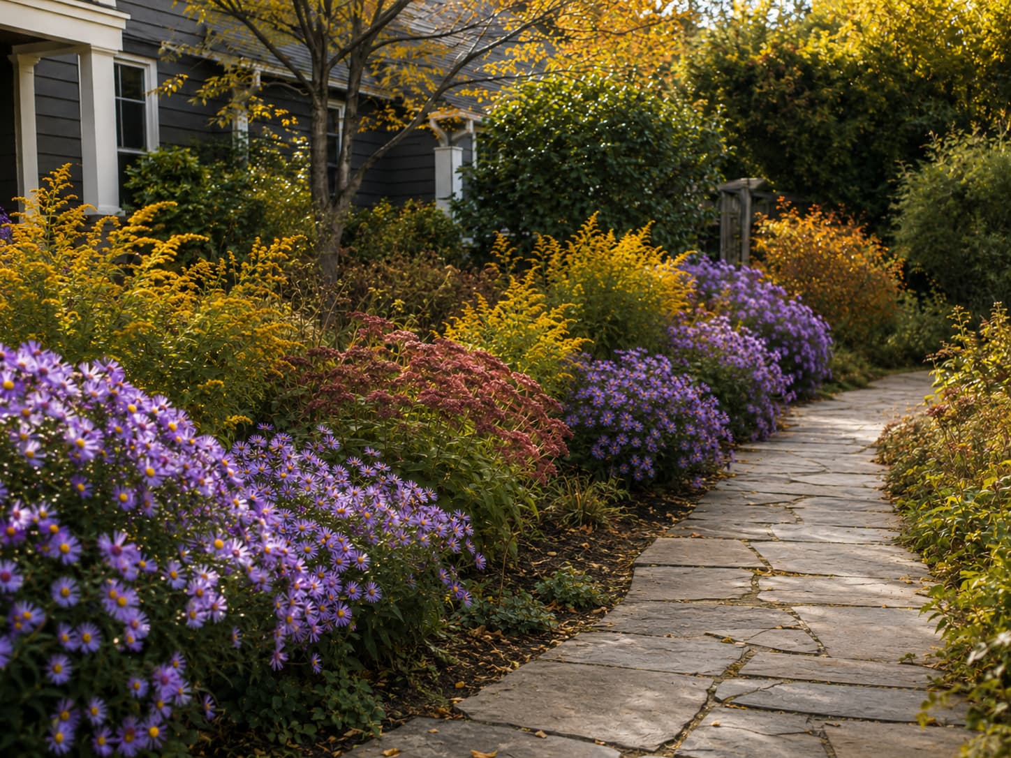 Purple asters, goldenrod, and sedum planted in repeating drifts along a residential garden path.