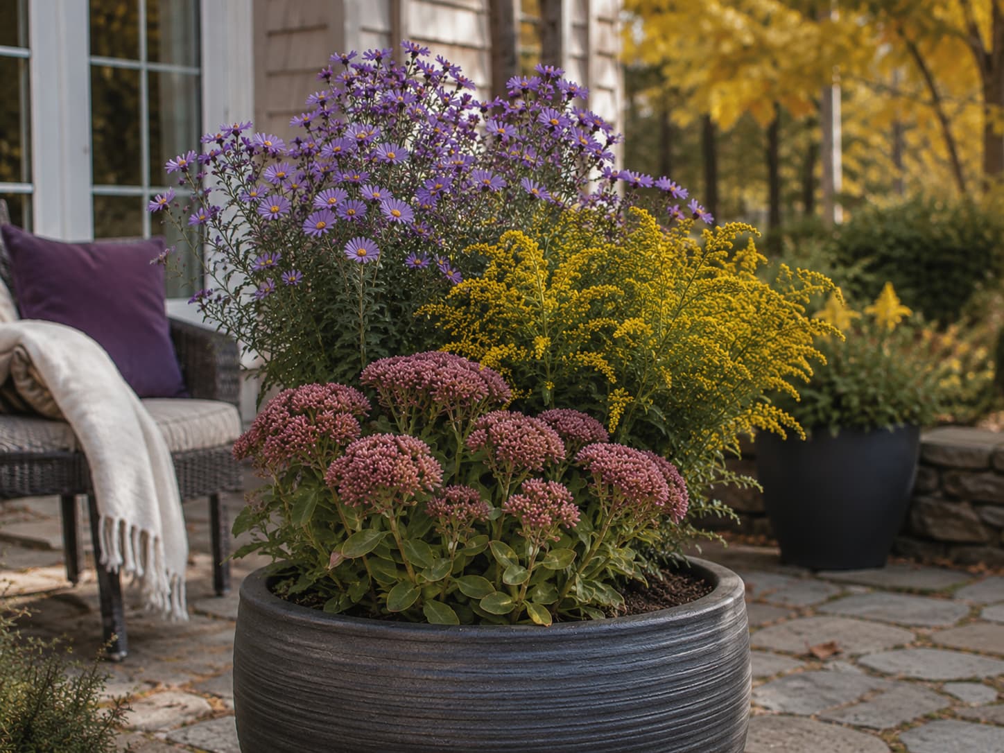 Fall blooming flowers in a patio container combining asters, sedum, and compact goldenrod for layered color.
