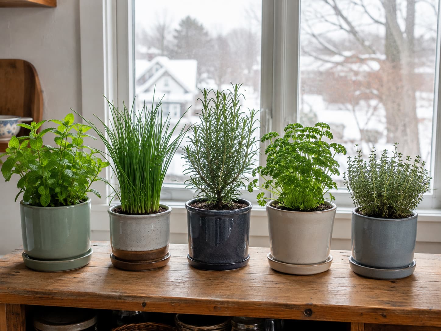 Mint, chives, rosemary, parsley, and thyme growing in separate pots beside a bright winter window indoors.