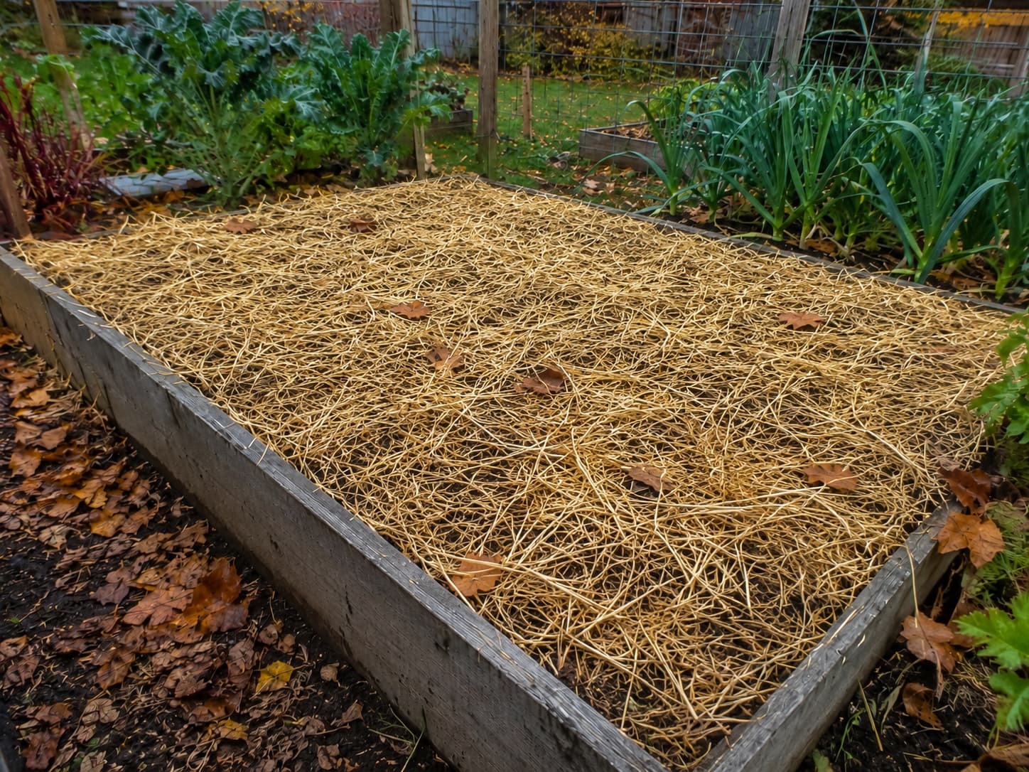 Freshly planted garlic bed covered with a loose layer of clean straw mulch for winter protection.