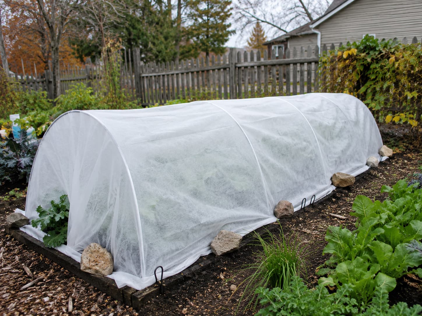 Frost cloth draped over simple hoops and anchored at ground level without touching plant leaves.
