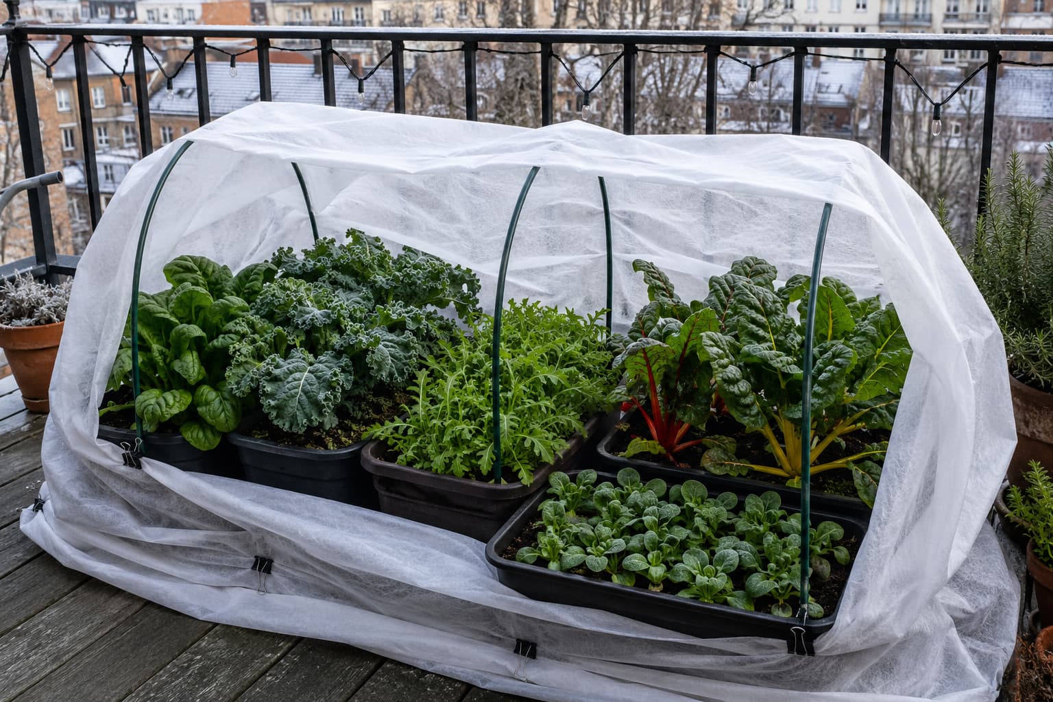 Cool-season balcony greens protected from frost with breathable horticultural fleece around grouped containers.