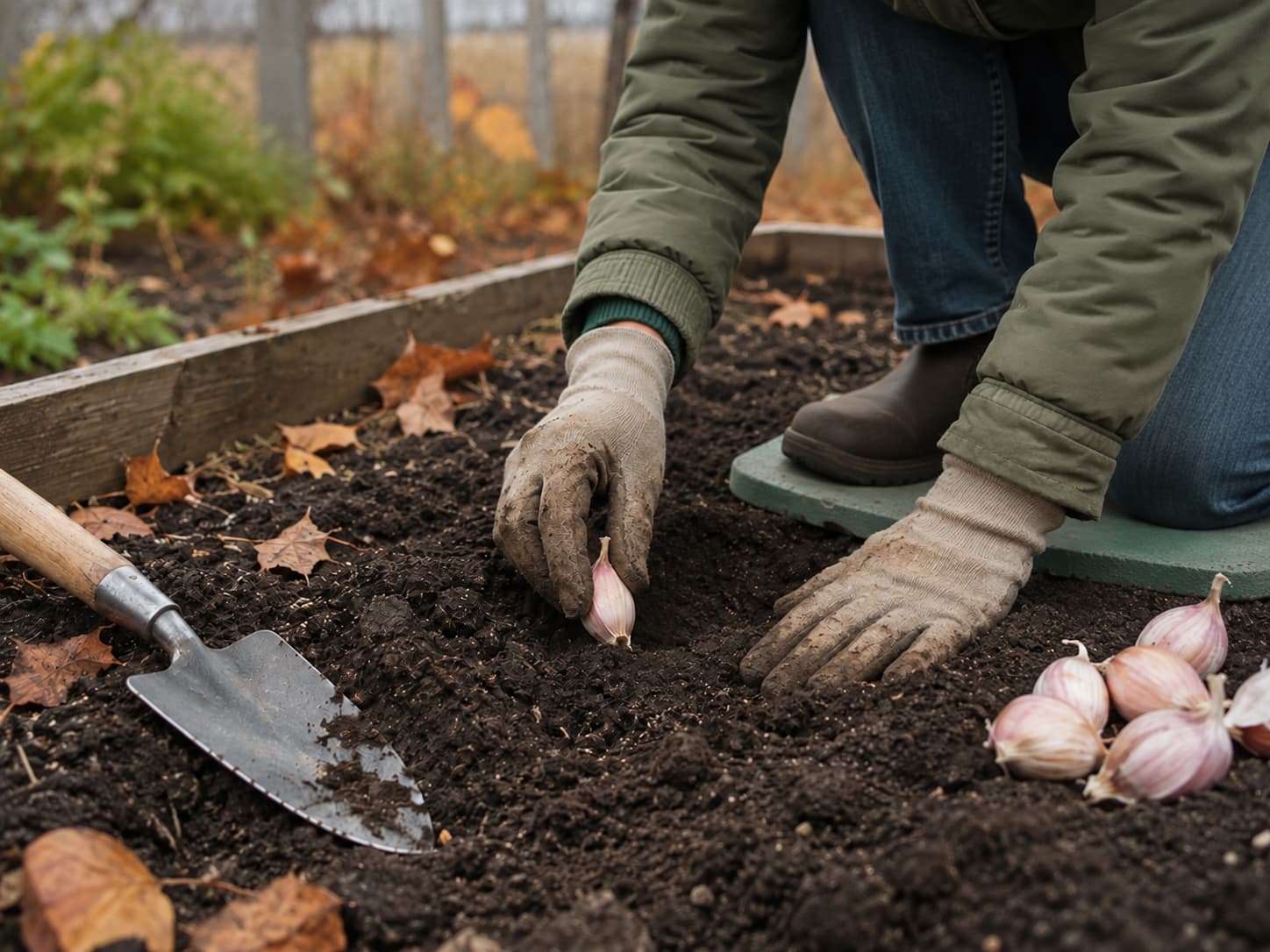 Gardener planting garlic in cool autumn soil several weeks before the ground freezes.
