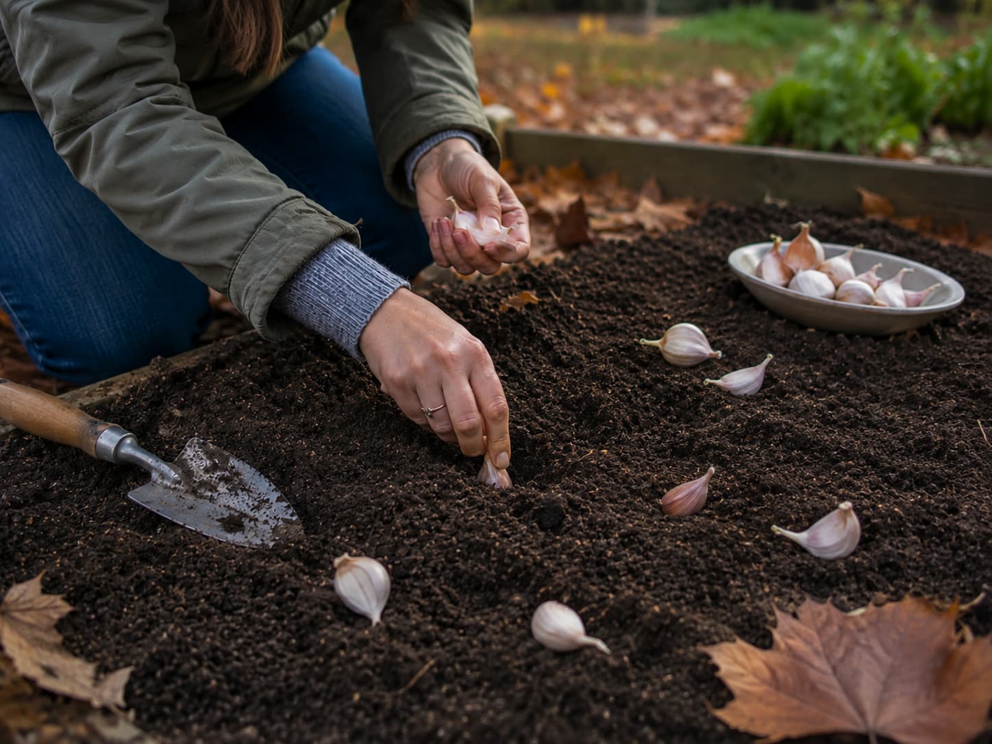 Garlic cloves being planted point-up in a prepared autumn garden bed before winter.