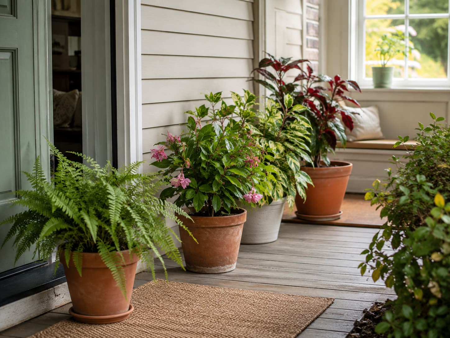 Potted plants transitioning from a shaded porch toward a bright indoor window to reduce light shock before winter.