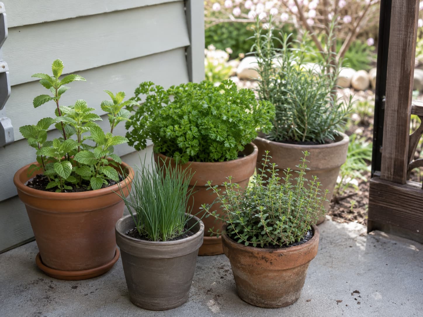 Potted herbs spending a short period in sheltered outdoor shade as they gradually acclimate to spring conditions.