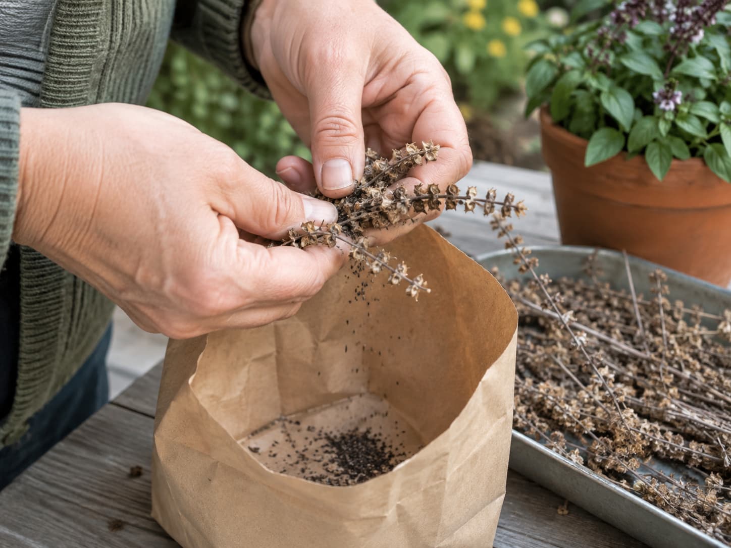 Gardener rubbing dry basil flower heads over a paper bag to collect mature black seeds and chaff.