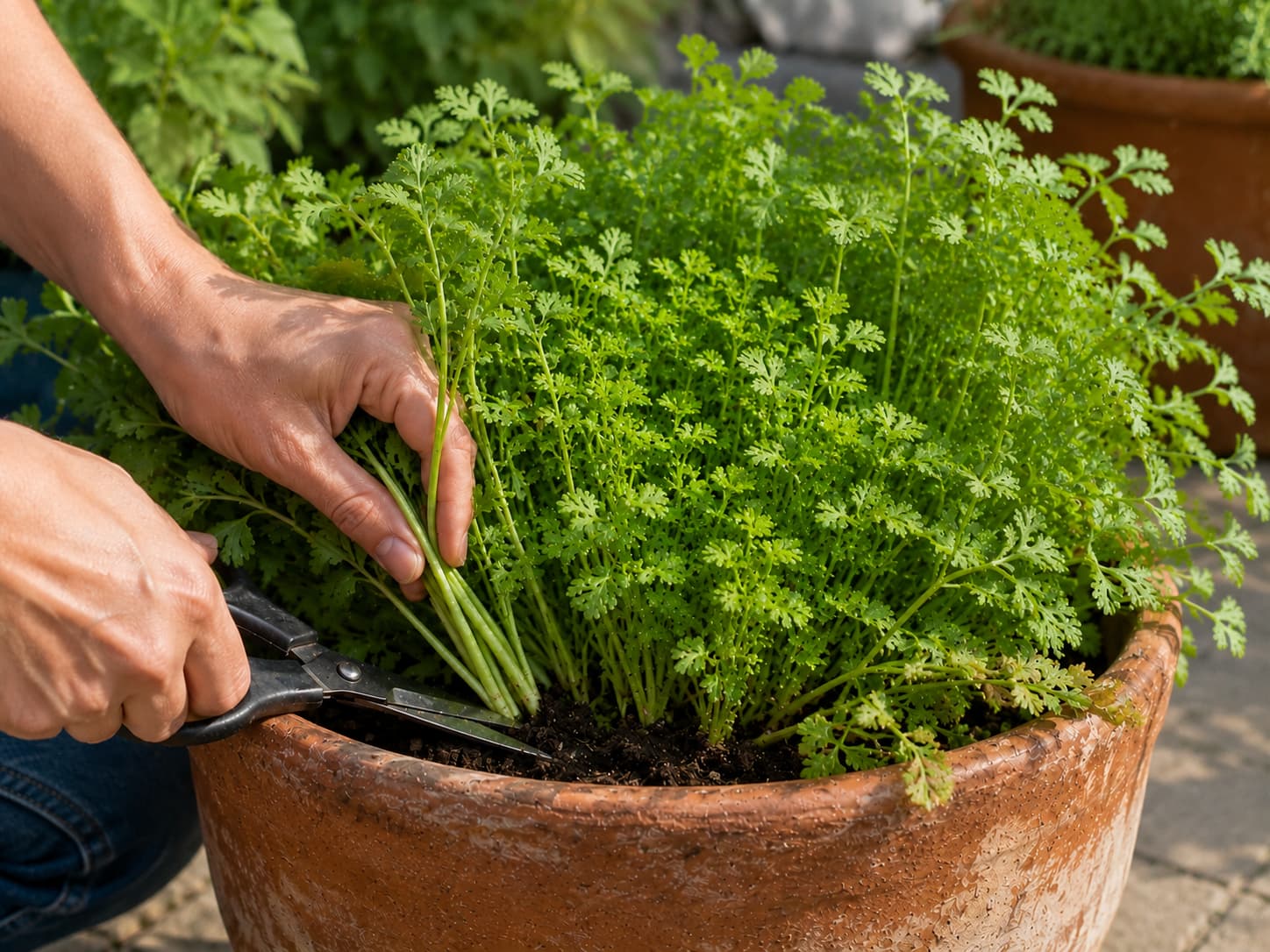 Gardener cutting mature outer cilantro stems near the base while leaving the younger center leaves intact for continued growth.