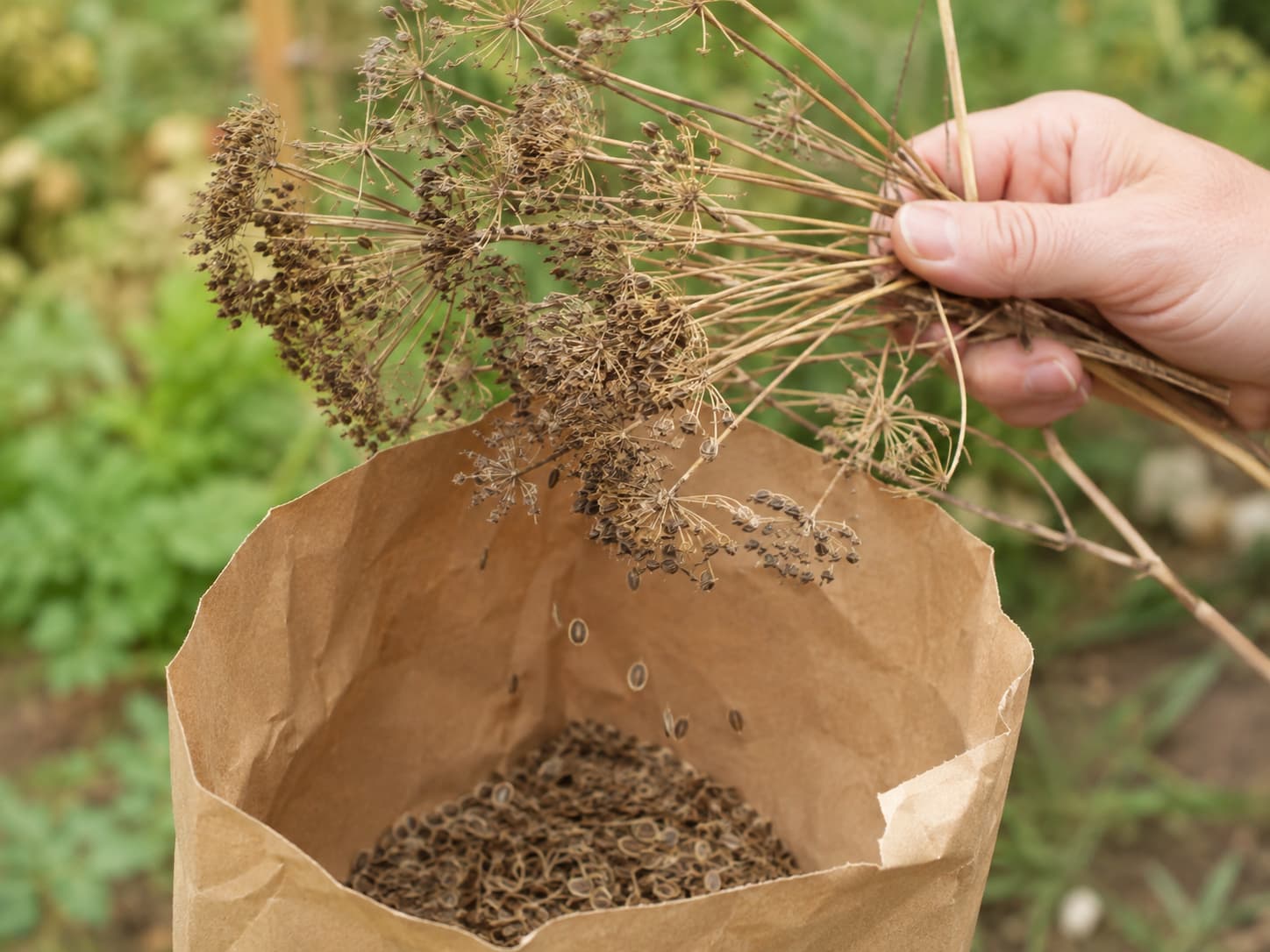 Dry dill seed umbels being collected over a brown paper bag for seed saving.