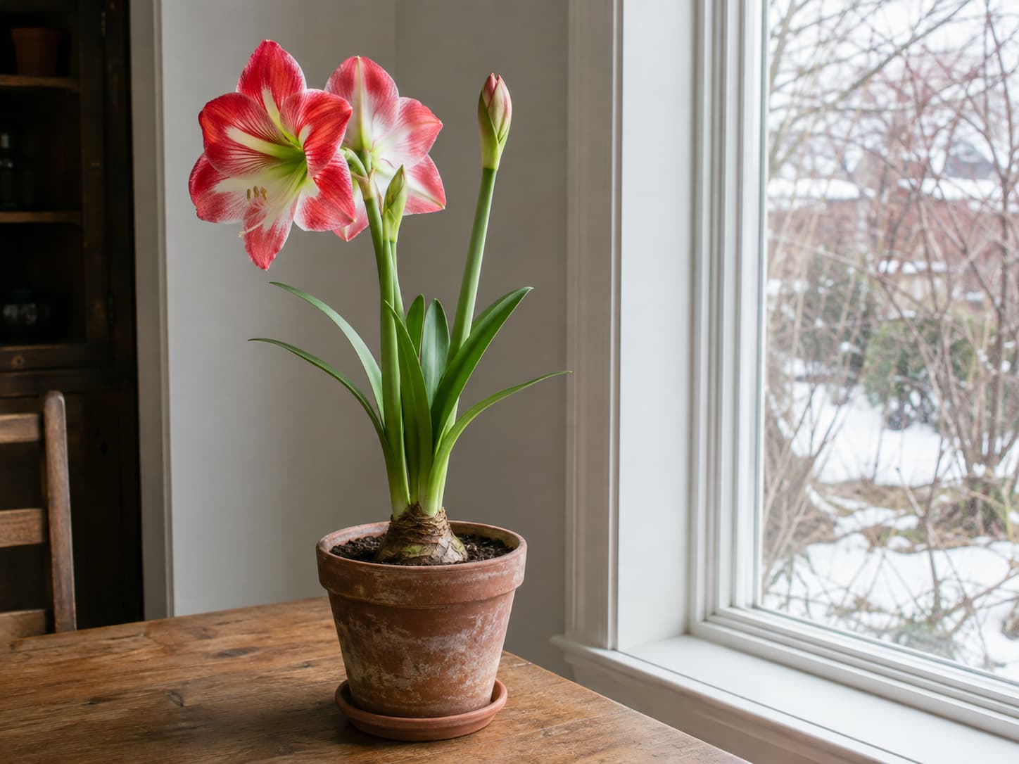 Healthy amaryllis reblooming indoors beside a bright winter window after a cool autumn rest period.