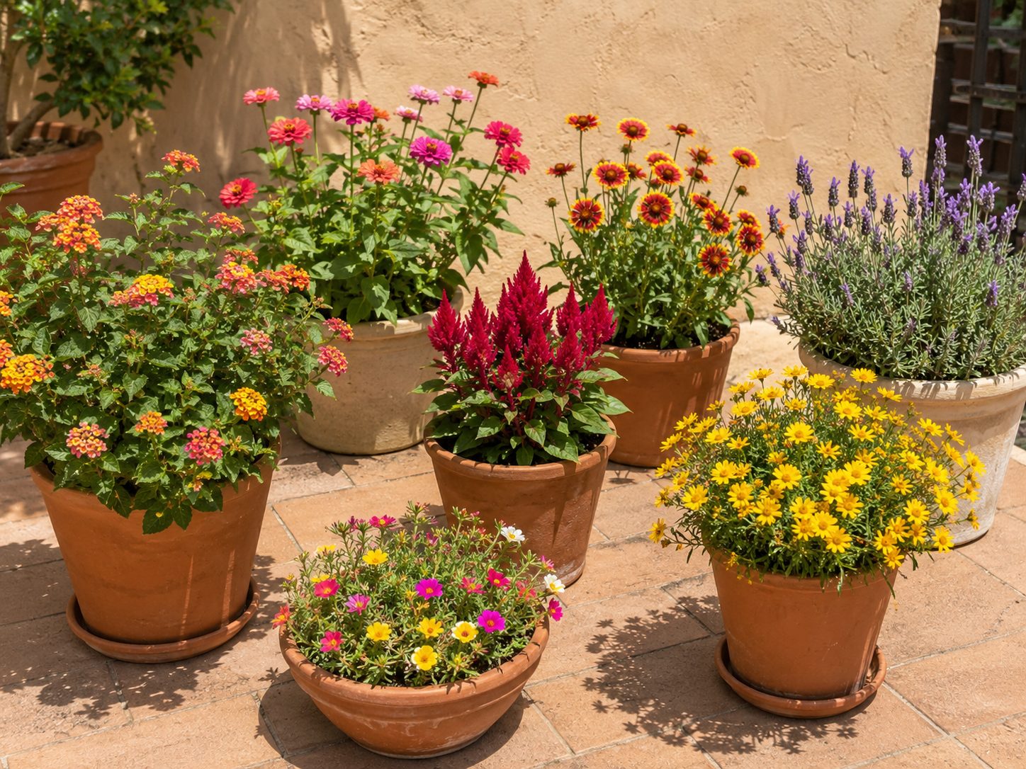 Heat-loving summer flowers including lantana, zinnia, portulaca, celosia, blanket flower, lavender, and coreopsis growing in sunny containers.