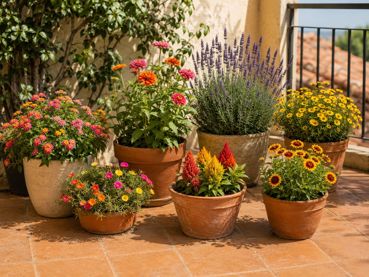 Heat-loving summer flowers including lantana, zinnia, portulaca, celosia, blanket flower, lavender, and coreopsis growing in sunny containers.