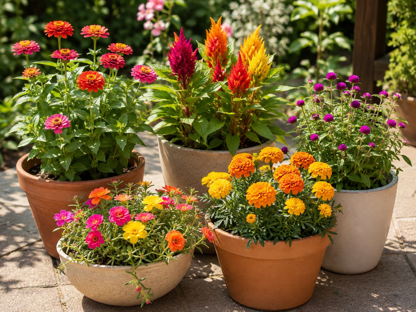 Heat-tolerant summer annuals including zinnia, celosia, portulaca, marigold, and gomphrena growing in sunny containers.