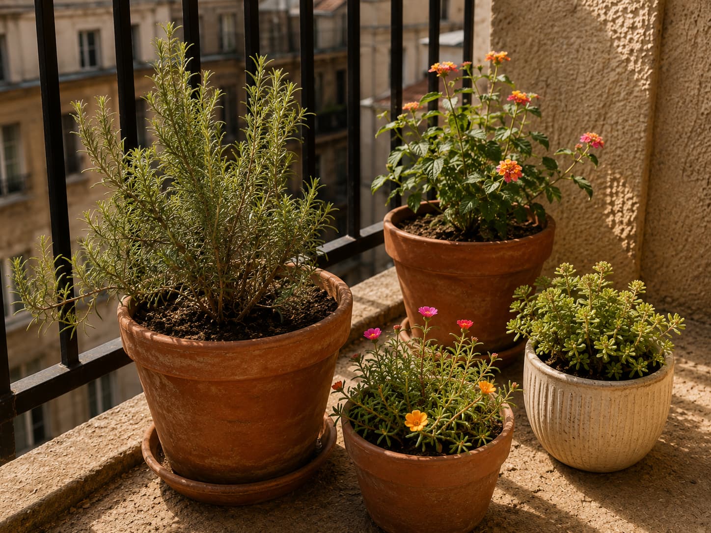 A balcony container grouping with heat-tolerant plants such as rosemary, lantana, sedum, and portulaca in summer.