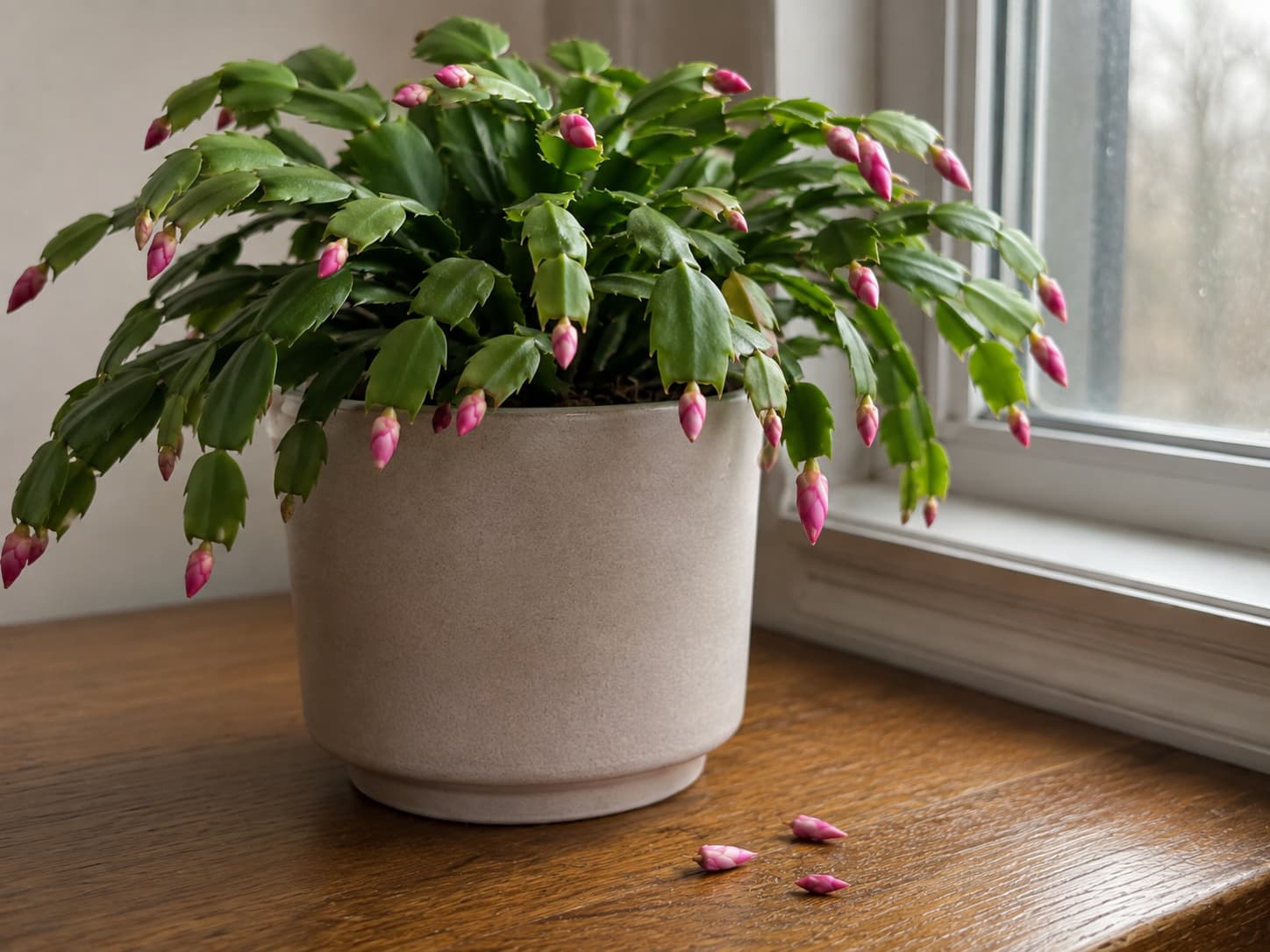 Christmas cactus with several unopened buds still attached and a few freshly dropped buds beside the pot.