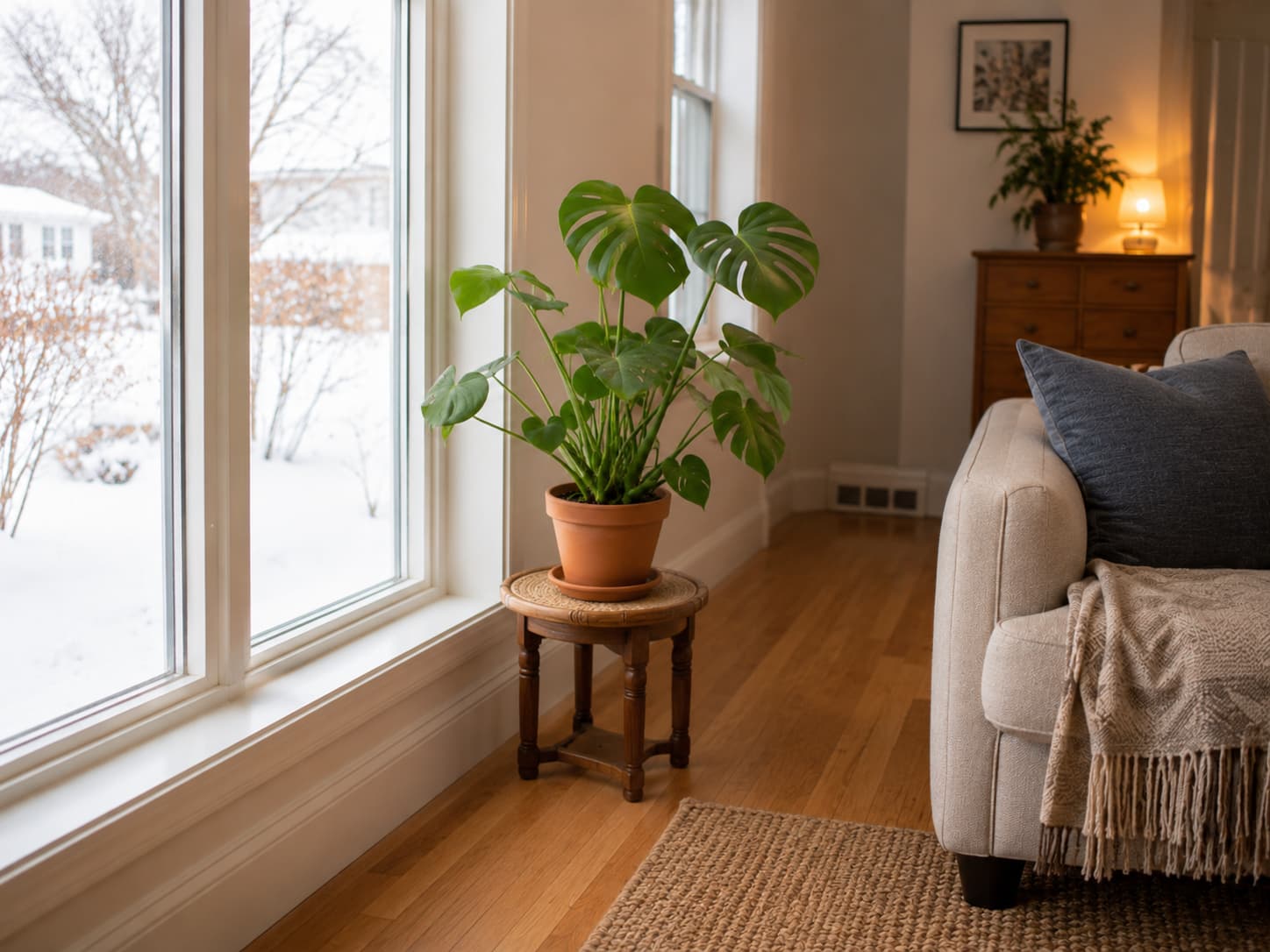 Potted houseplant positioned away from cold window glass and direct heating airflow during winter.