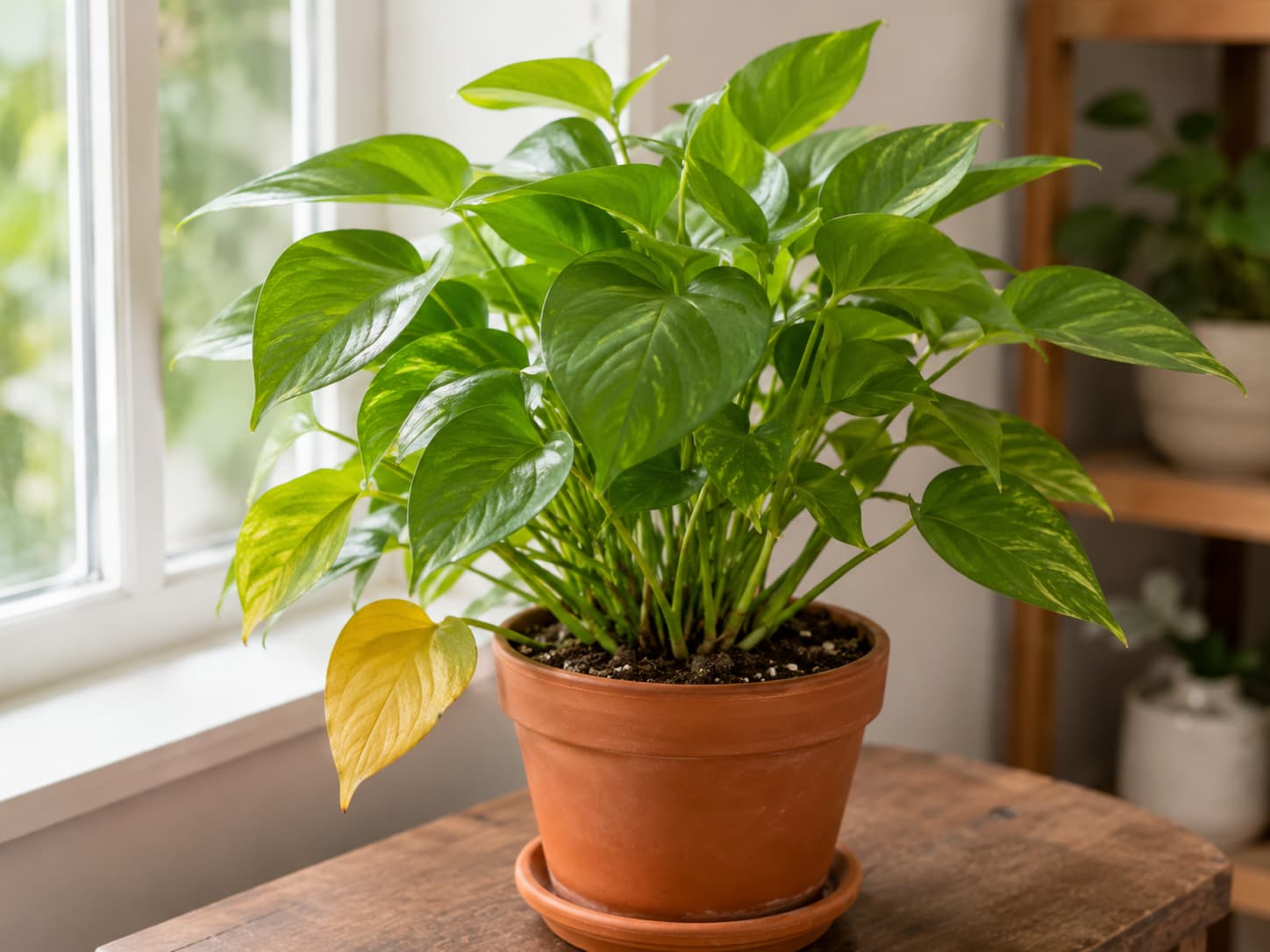 Healthy houseplant with one or two older lower leaves yellowing naturally while stems and newer growth remain firm.