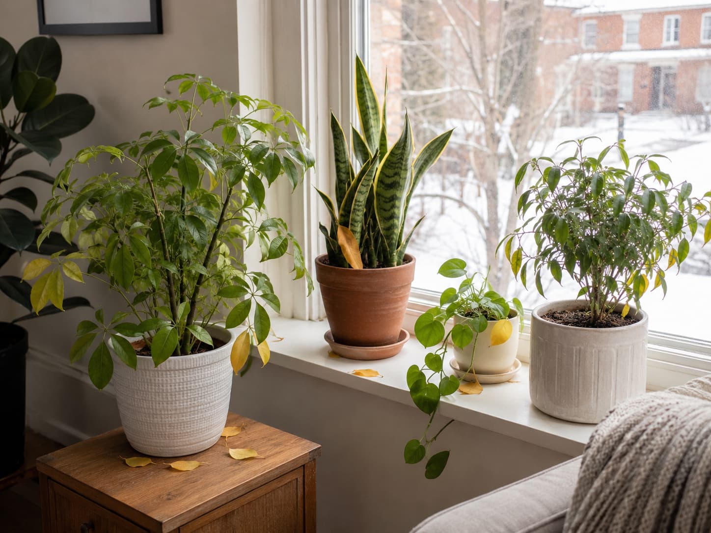 Houseplants near a bright winter window showing mild leaf drop and seasonal stress without severe collapse.