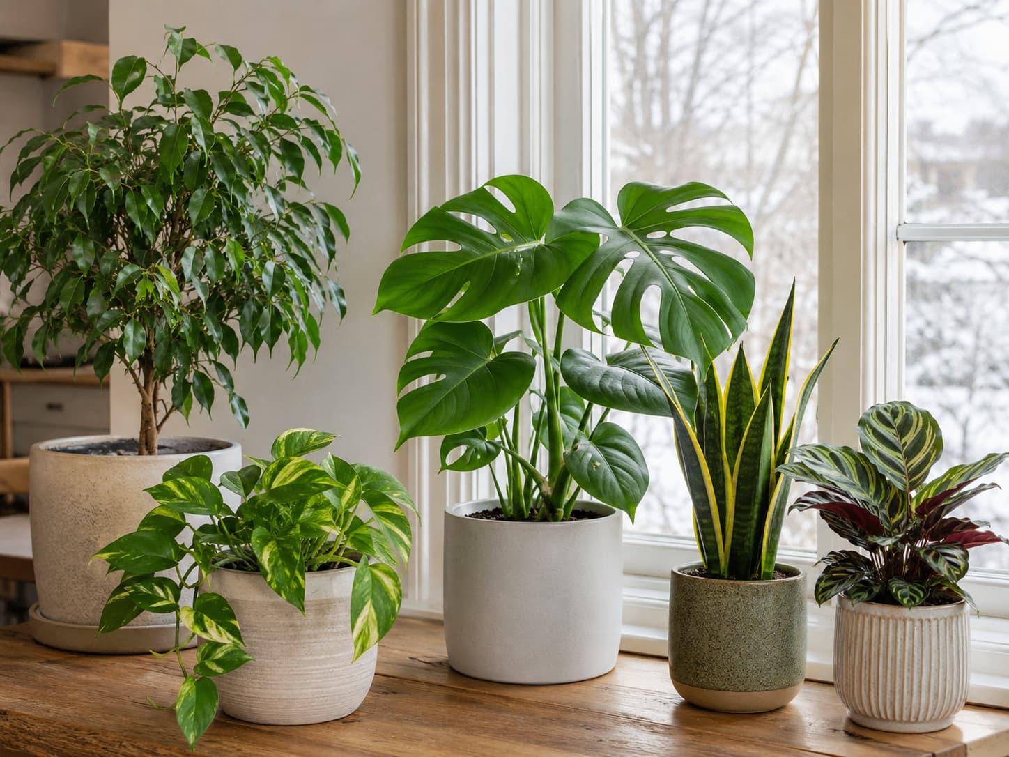 Common houseplants including ficus, pothos, monstera, snake plant, and calathea grouped indoors for winter care comparison.
