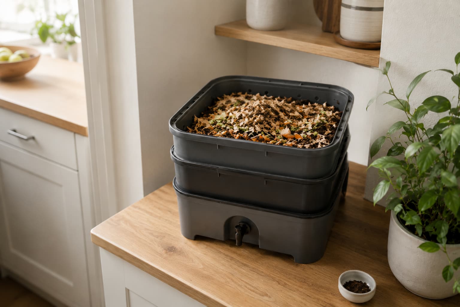 Small indoor worm composting bin with bedding and kitchen scraps in a tidy apartment setting.