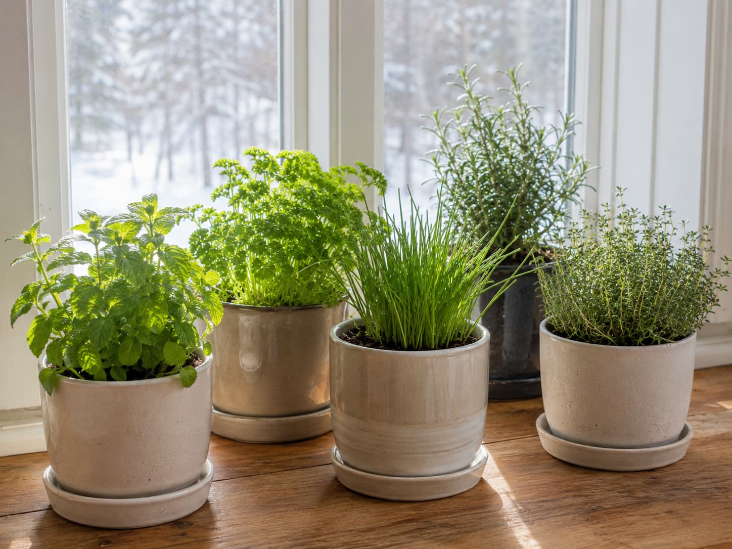 Potted culinary herbs arranged near a bright winter window where natural sunlight reaches the leaves.