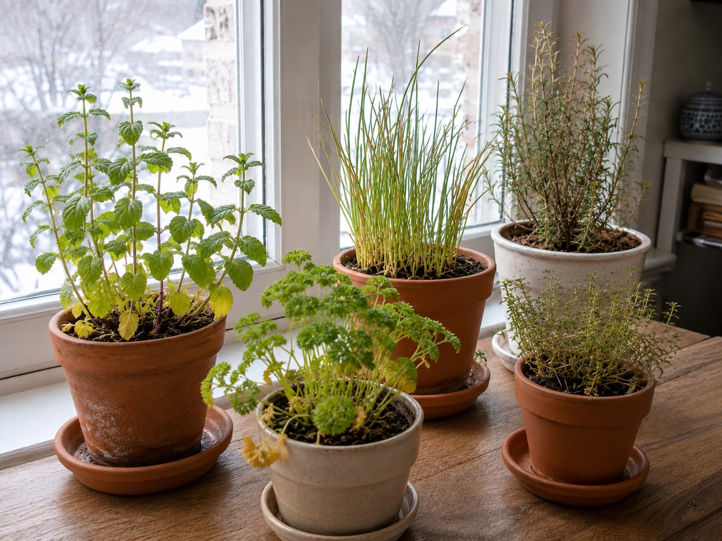 Indoor herbs showing mild winter stress signs such as pale leggy growth, yellow lower leaves, and dry leaf tips for comparison.